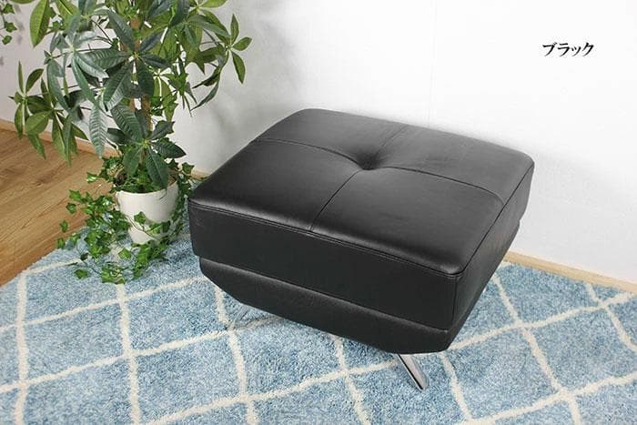 ブラック 本革 オットマン スツール 腰掛 65cm x 55cm x 41cm