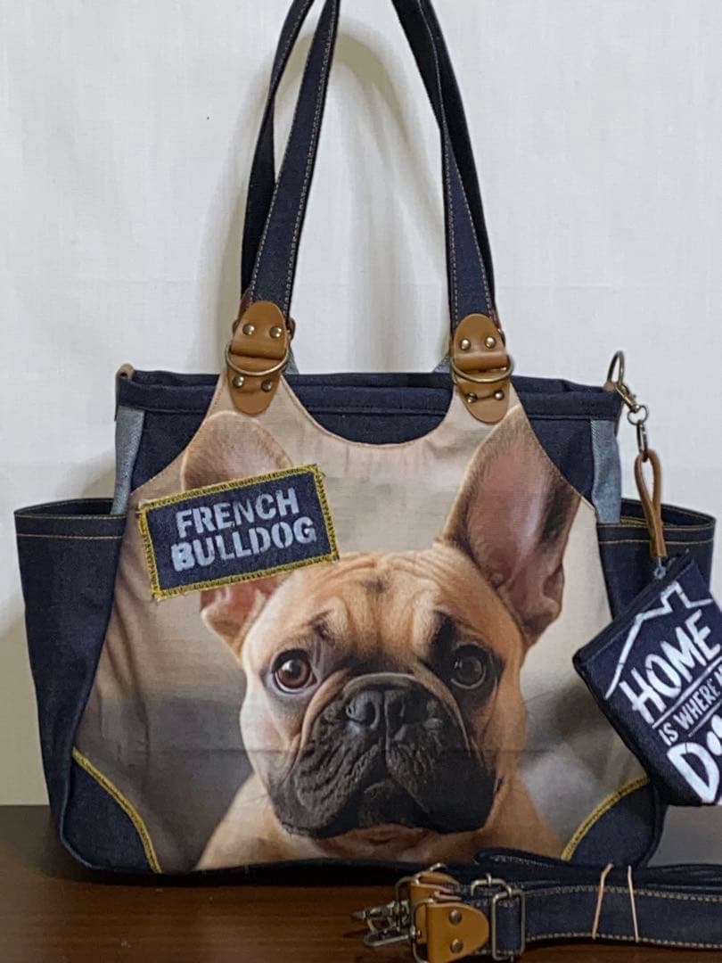 ☆岡山デニム☆フレンチブルドッグ☆特大ステンシル☆4wayあおりバッグ