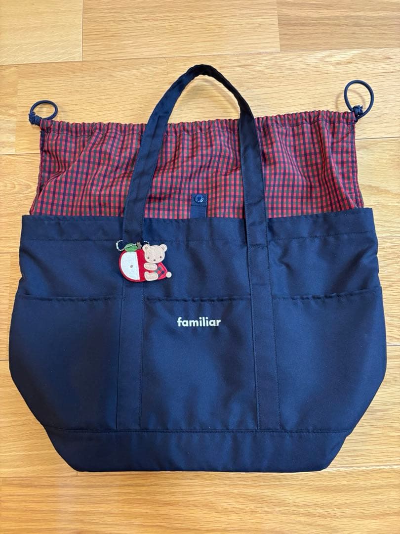 familiar ネイビー トートバッグ チェック柄　赤
