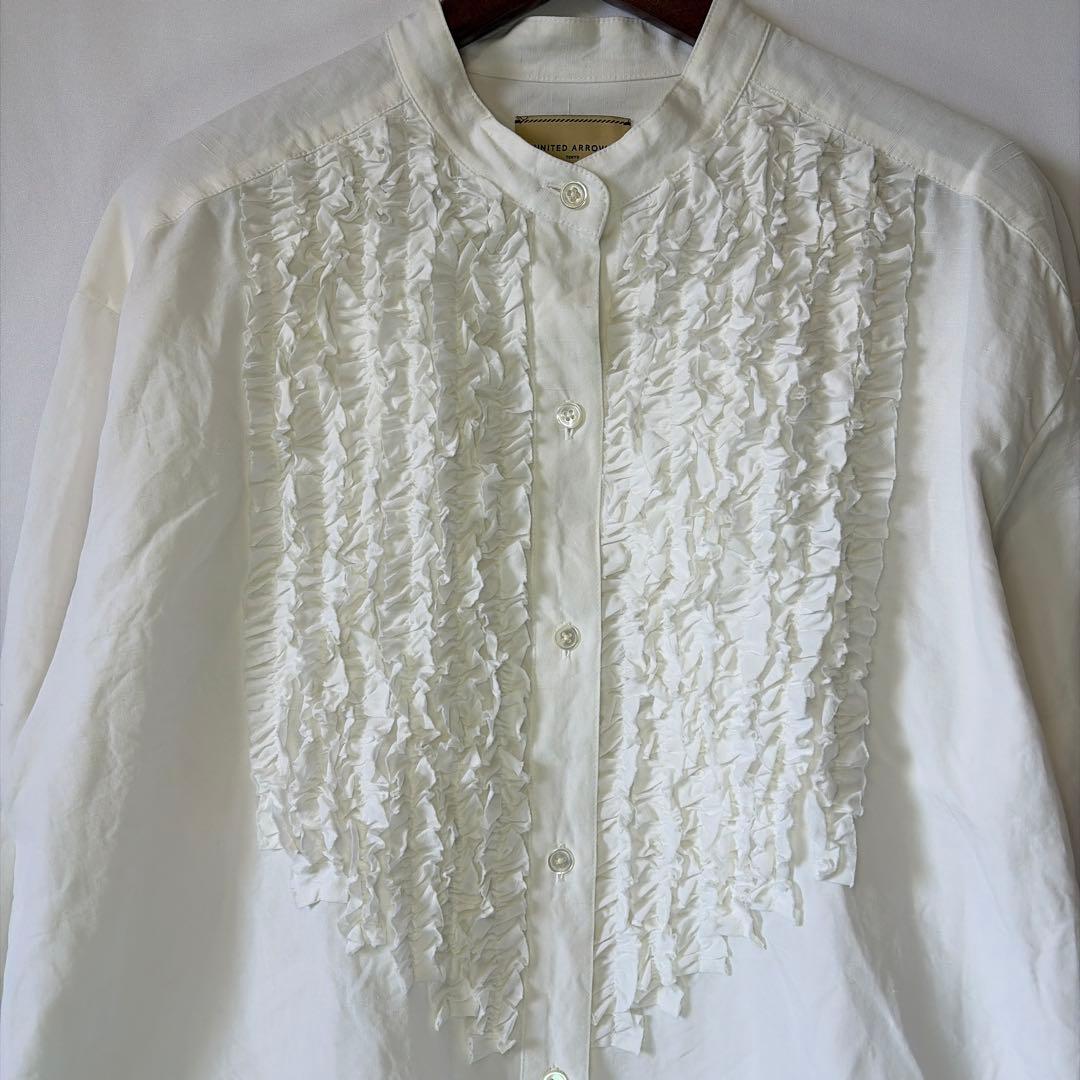 ユナイテッドアローズ シルクリネンコットン混フリル スタンドカラー シャツ 白