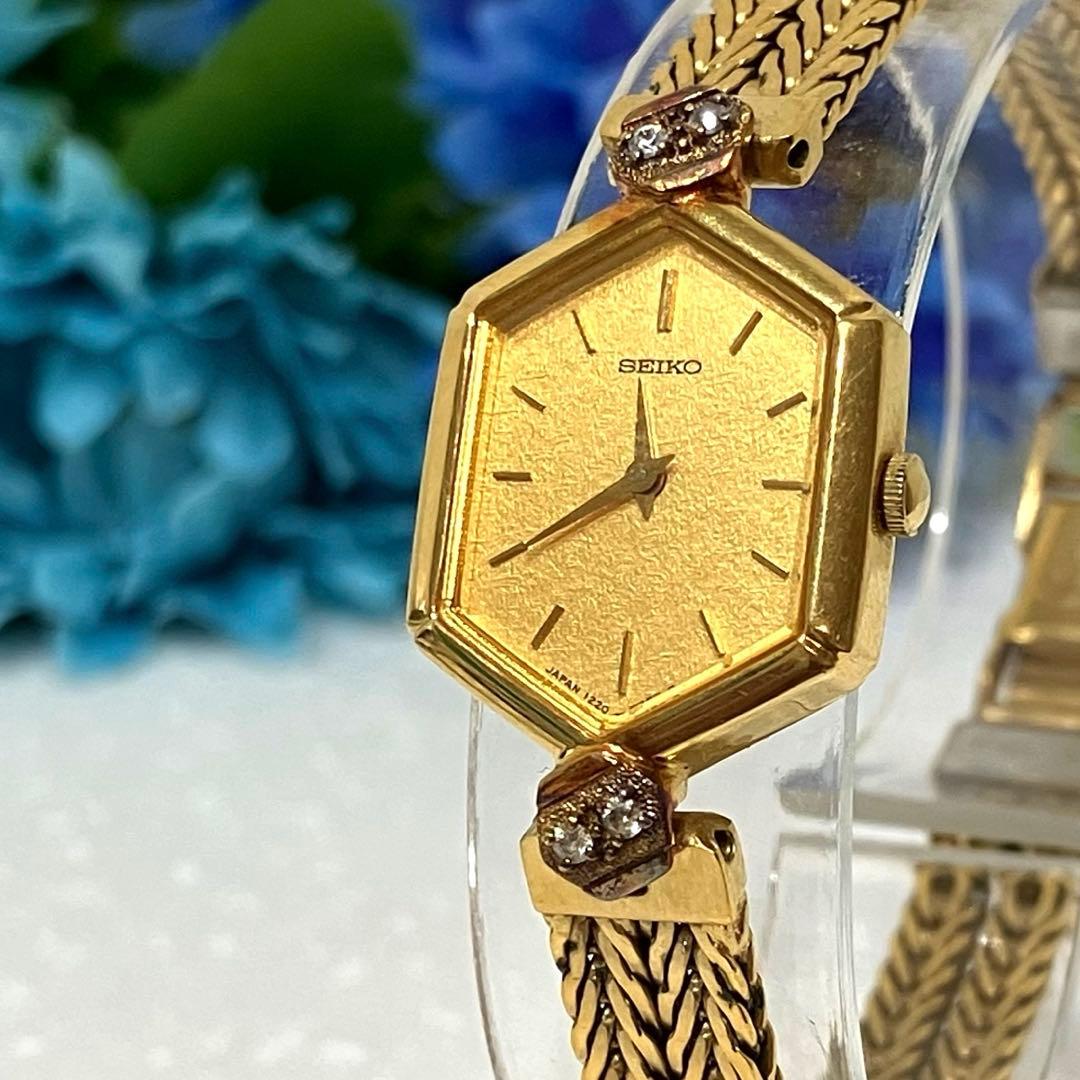 SEIKO セイコー　4Pダイヤ　ゴールド 八角形 腕時計　電池新品