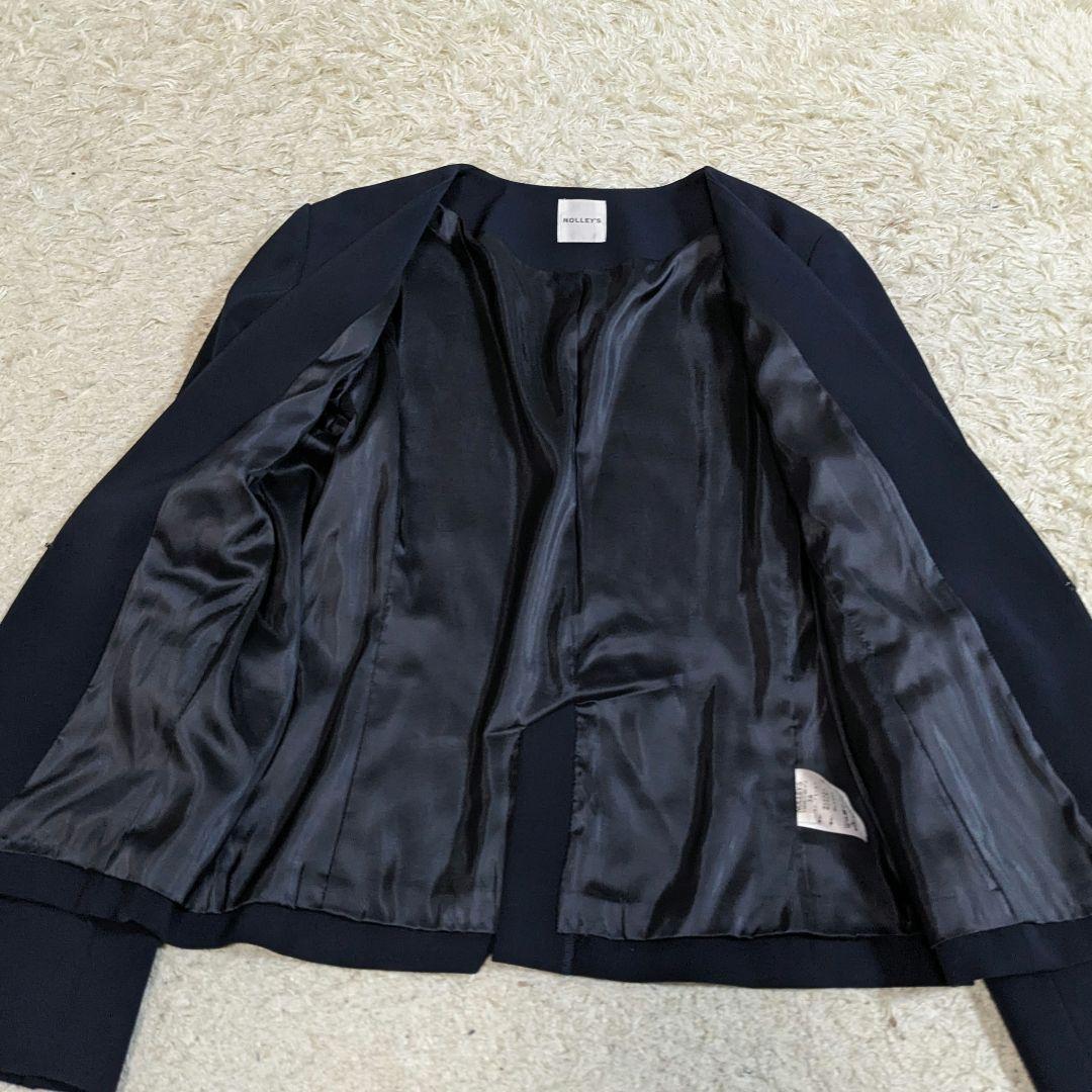 ノーリーズ　セットアップ　ノーカラー　ストレッチ　洗える　ネイビー　現行