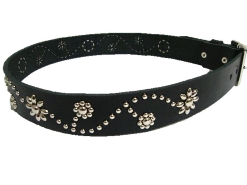栃木レザー　フラワー型スタッズベルト　黒（ニッケルオンリー）一枚革