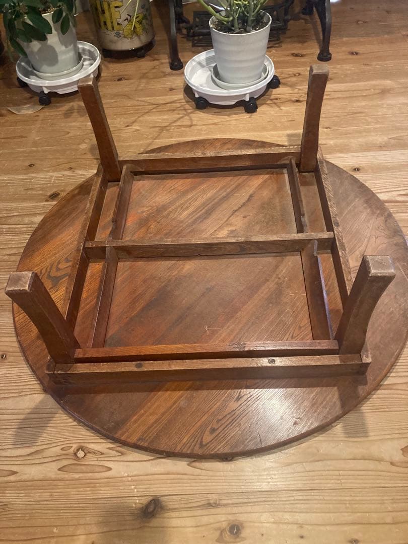 昭和レトロ　古い木製丸ローテーブル　折畳丸ちゃぶ台12直径890