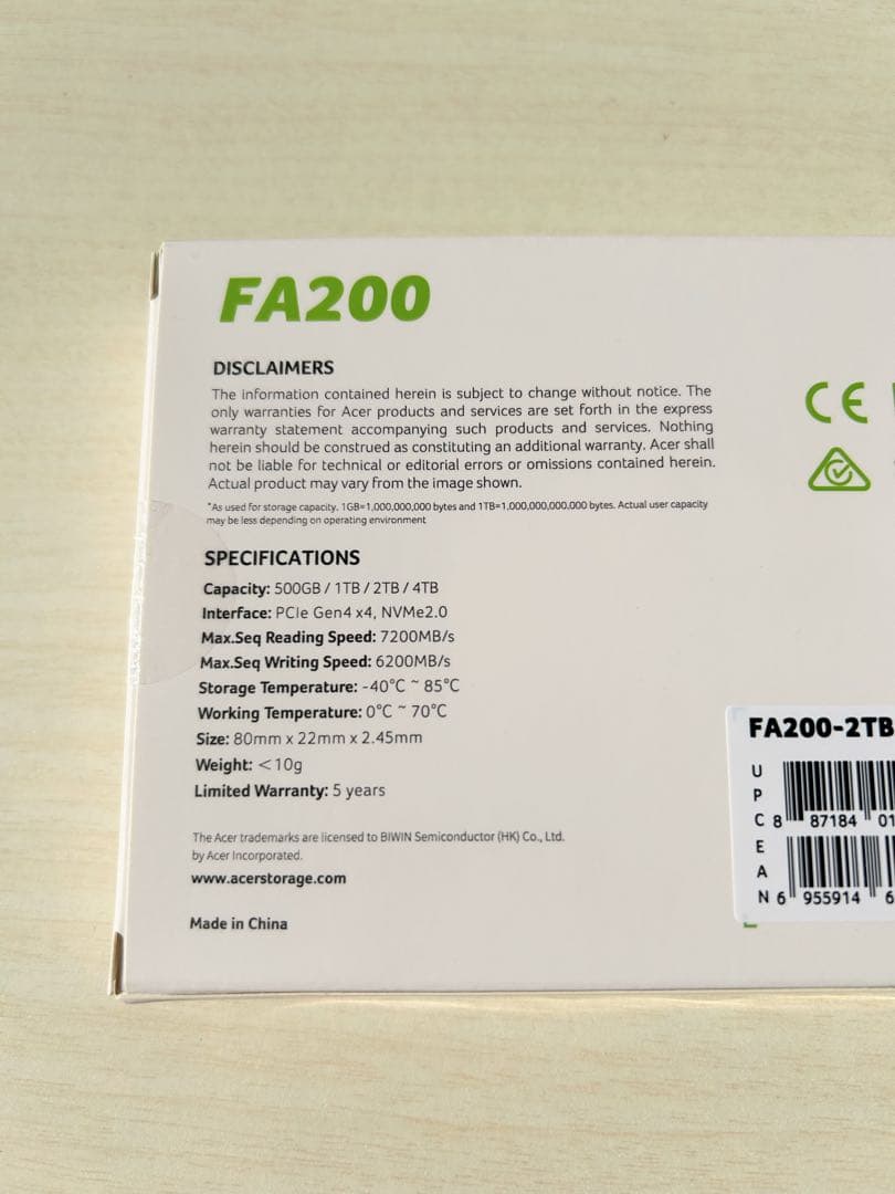 Acer M.2 SSD 2TB FA200 SSD りんみかん