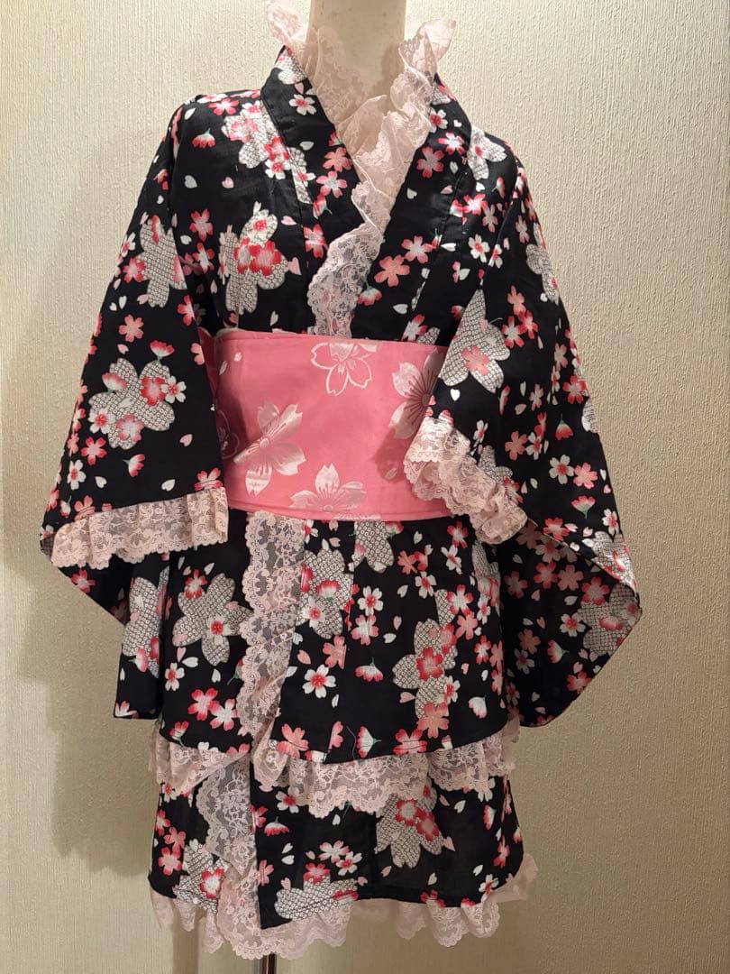 浴衣ドレス 2段スカート 黒ピンク　桜 地雷ギャル 姫ギャル 平成ギャル