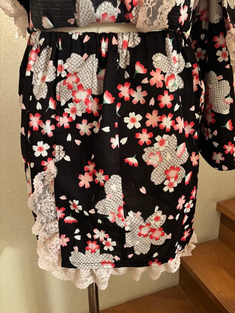 浴衣ドレス 2段スカート 黒ピンク　桜 地雷ギャル 姫ギャル 平成ギャル