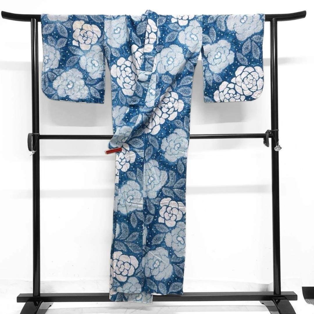 浴衣　有松鳴海絞り　花模様　ブルー　グラデーション　着物　032a d