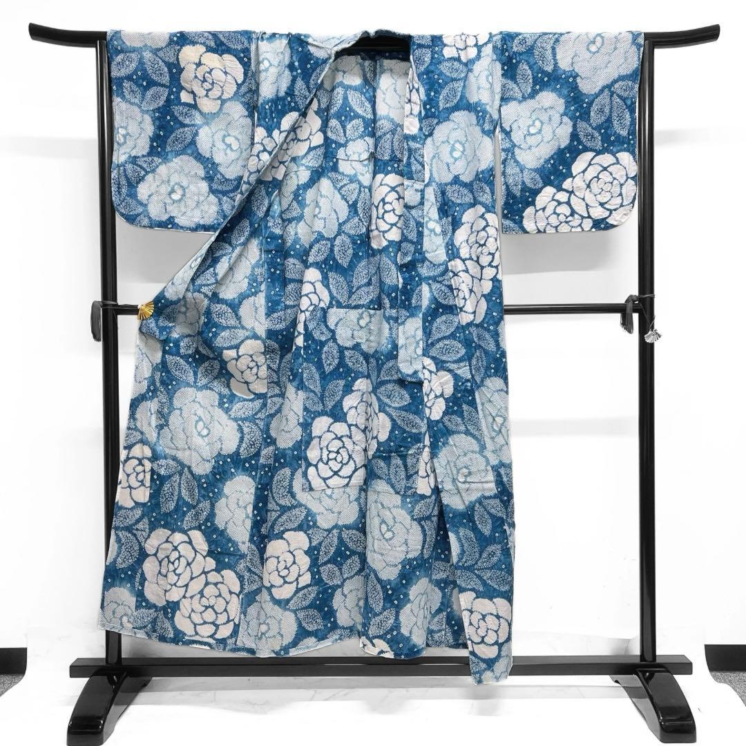 浴衣　有松鳴海絞り　花模様　ブルー　グラデーション　着物　032a d