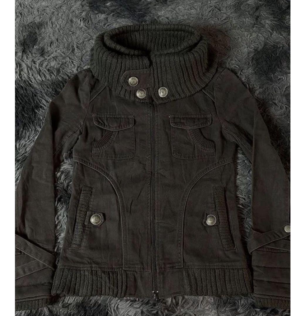 Y2Kブラックミリタリー風ジャケットニット襟付き