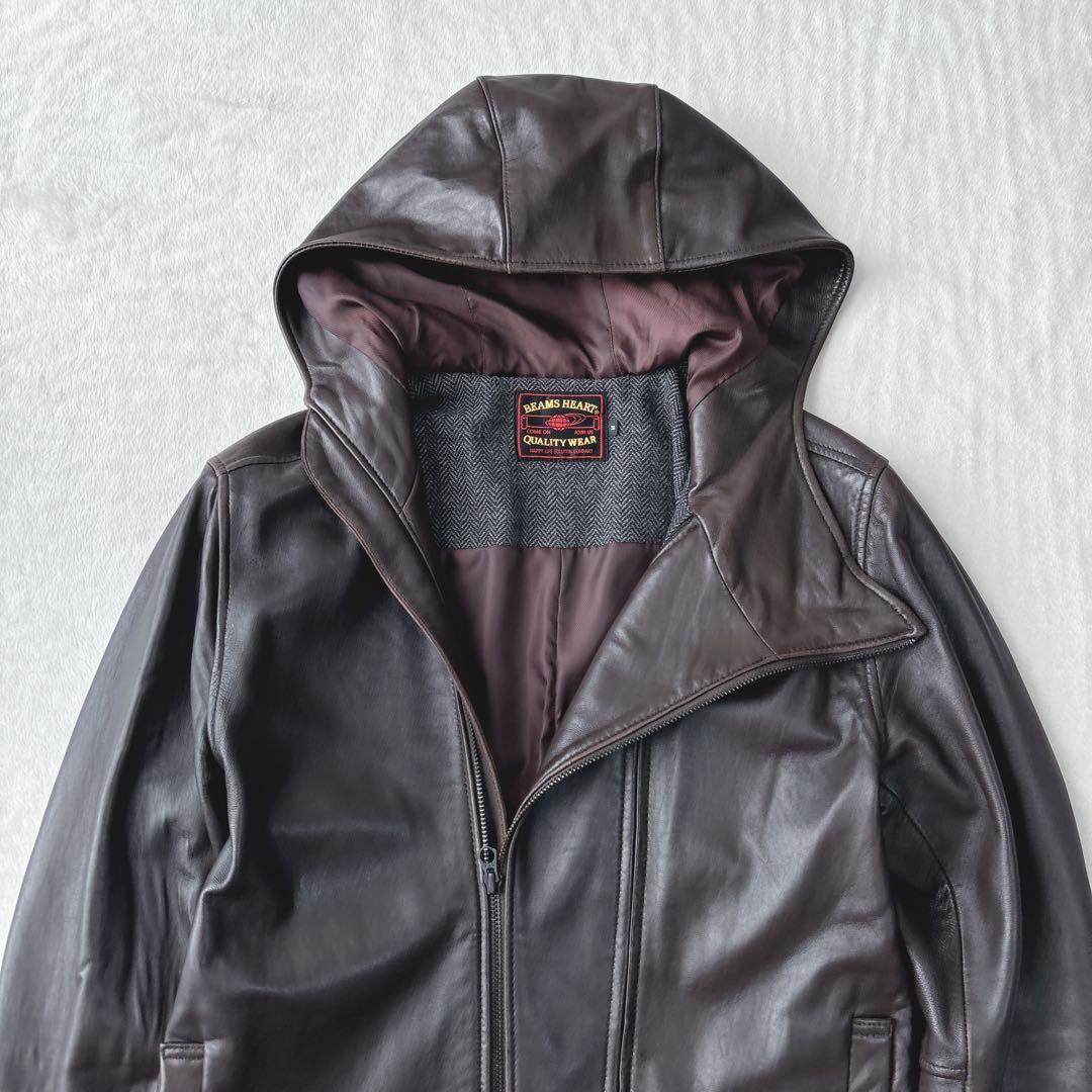 【美品】ビームスハート　レザーパーカー　羊革　ラムレザー　ブラウン　ジップアップ
