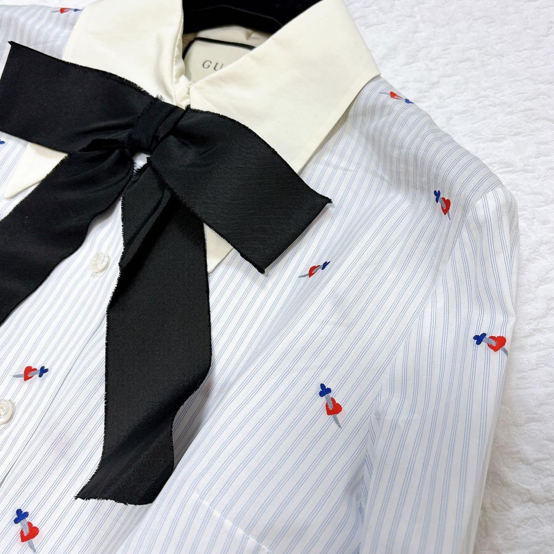 美品✨GUCCI ハート刺繍　リボン　ブラウス　シャツ　ロゴボタン　ストライプ