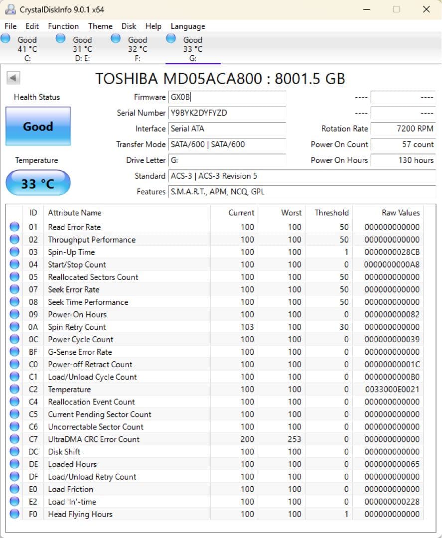 TOSHIBA MD05ACA800 8TB 3.5インチHDD 使用時間130
