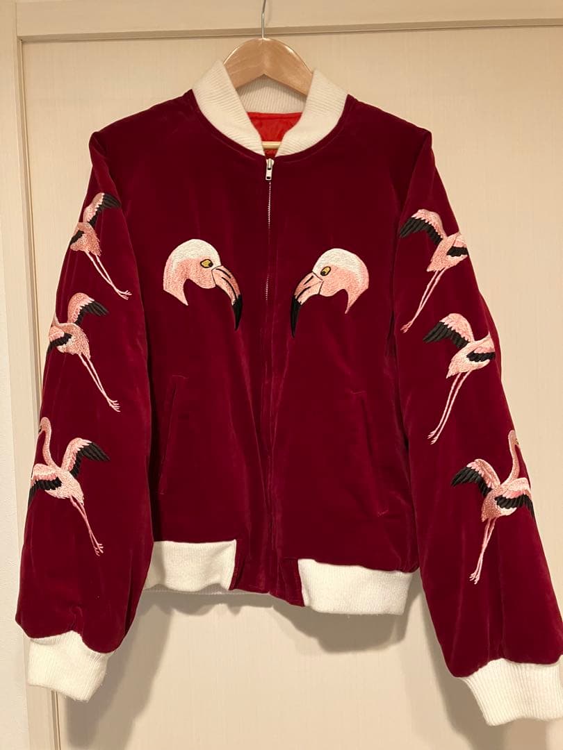 スカジャン別珍　フラミンゴ　ロカビリー　サイズS