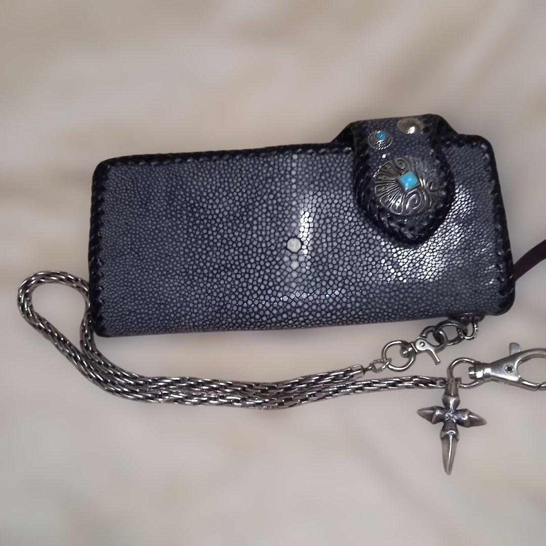 高級品 スティングレイ バイカーズウォレット Silver925 エイ革 長財布