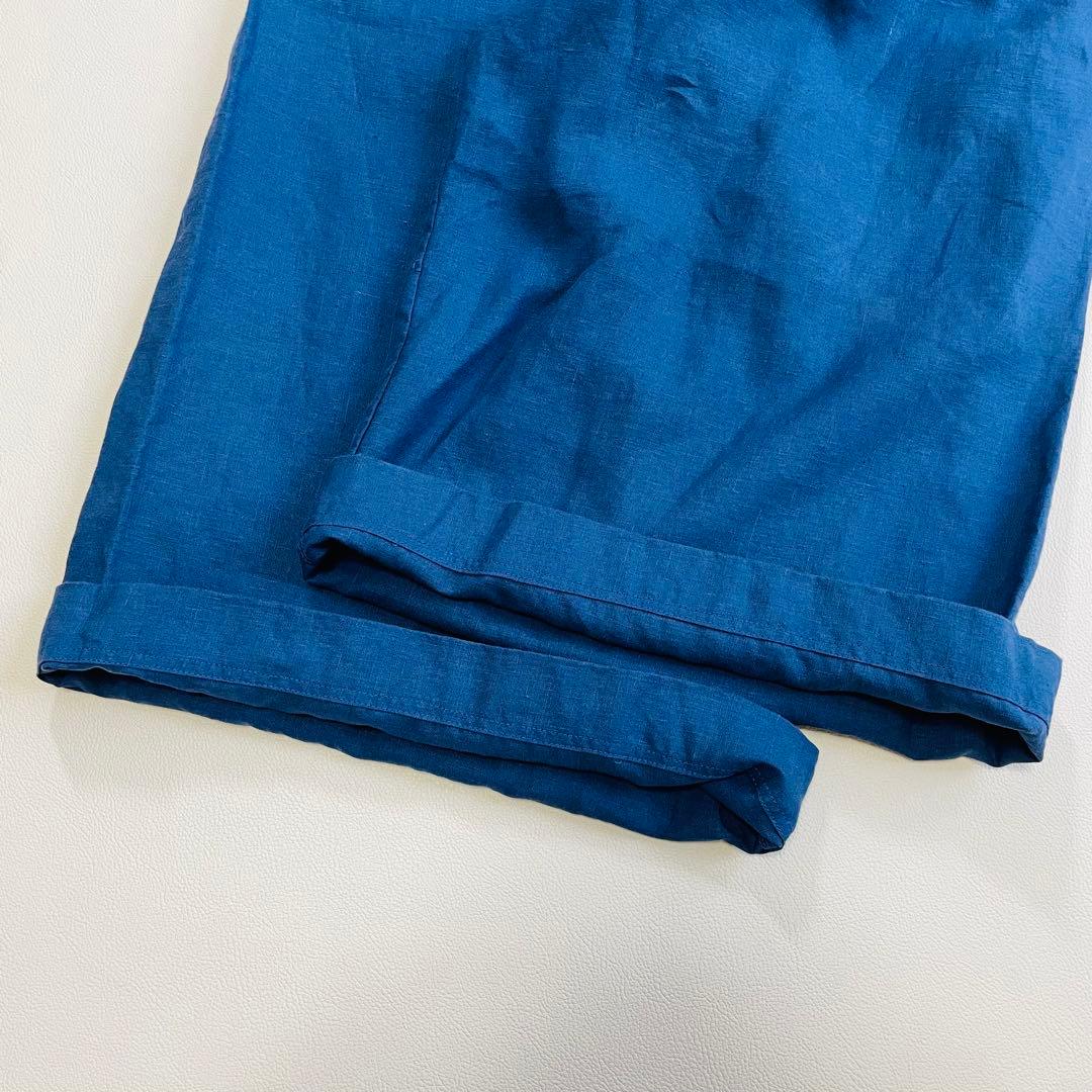 6105 中川政七商店　リネンガウチョパンツ　麻100% サイドポケット　ブルー