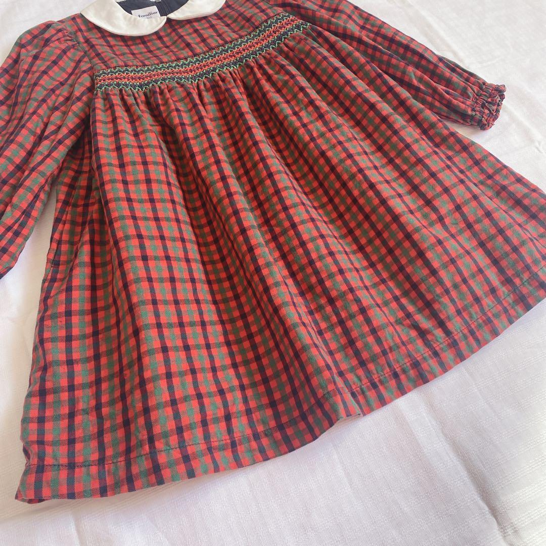 美品　familiar 赤系ファミリアチェック ワンピース 100 現行品　白襟
