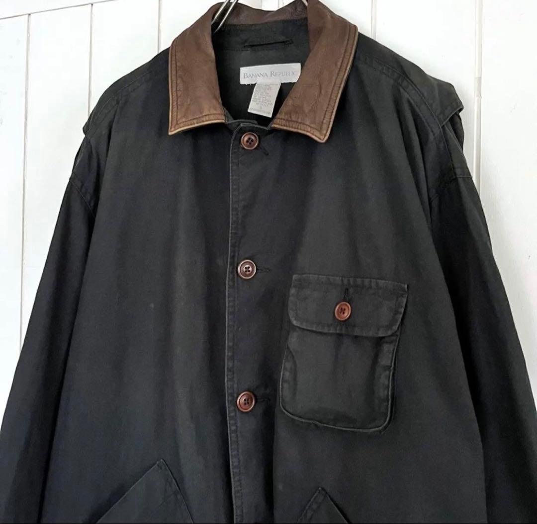 【実寸XL】90s BANANA REPUBLIC 襟レザー ハンティングJKT