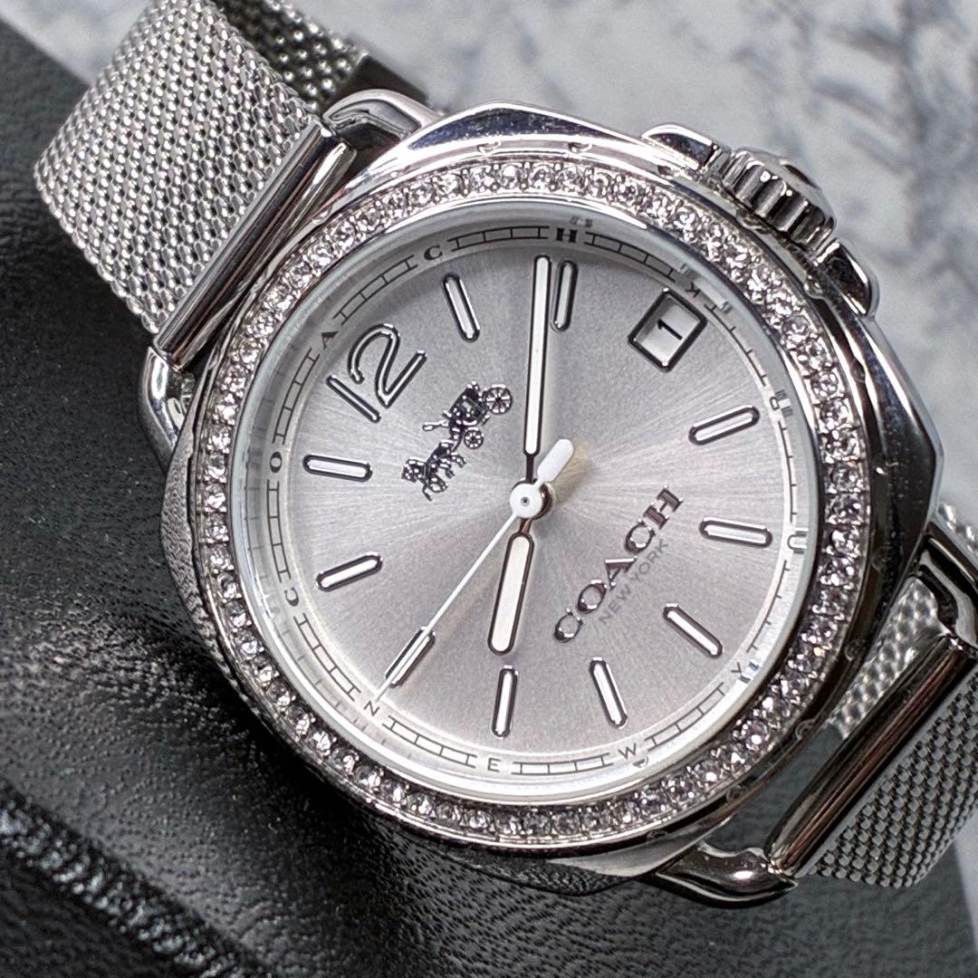 【未使用品級】COACH 腕時計 ラインストーン シルバー メッシュベルト