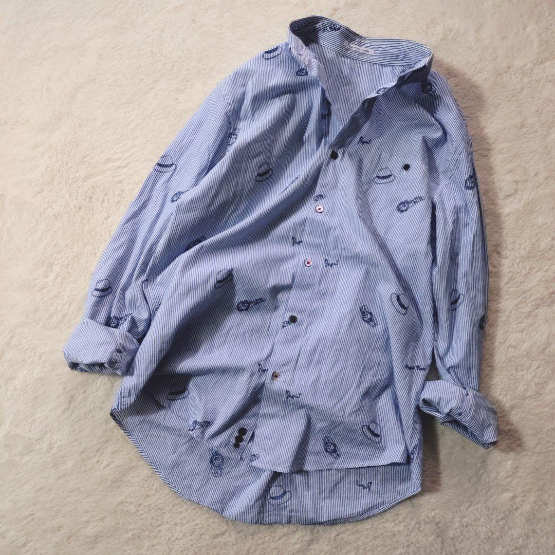 美品 papas 刺繍 総柄 ストライプシャツ M 長袖