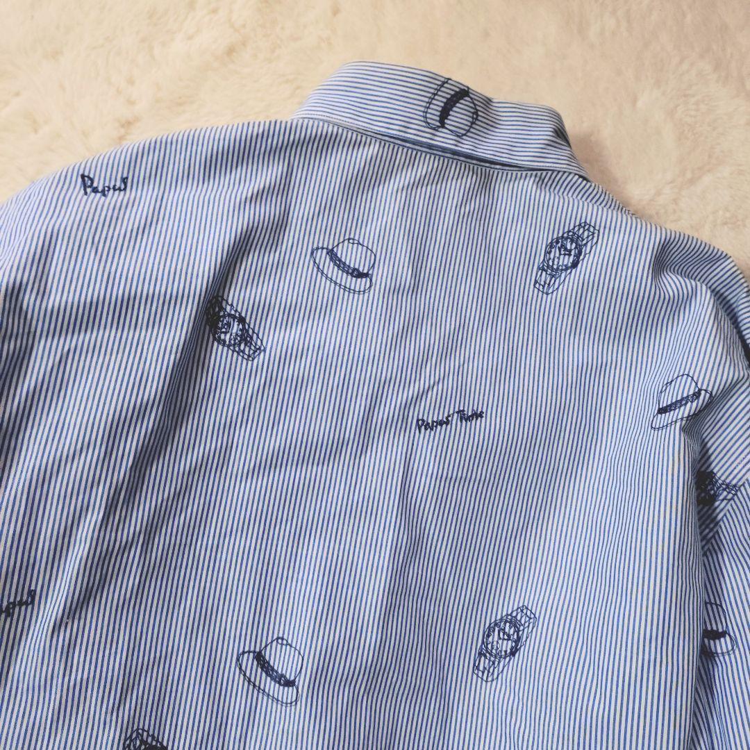 美品 papas 刺繍 総柄 ストライプシャツ M 長袖