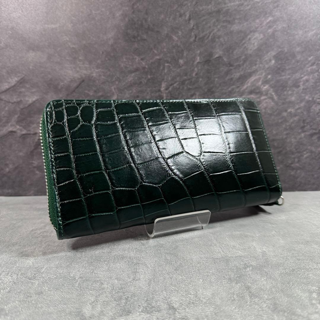 クロコダイル 長財布 ダークグリーン 緑 希少 マット仕上げ シルバーファスナー