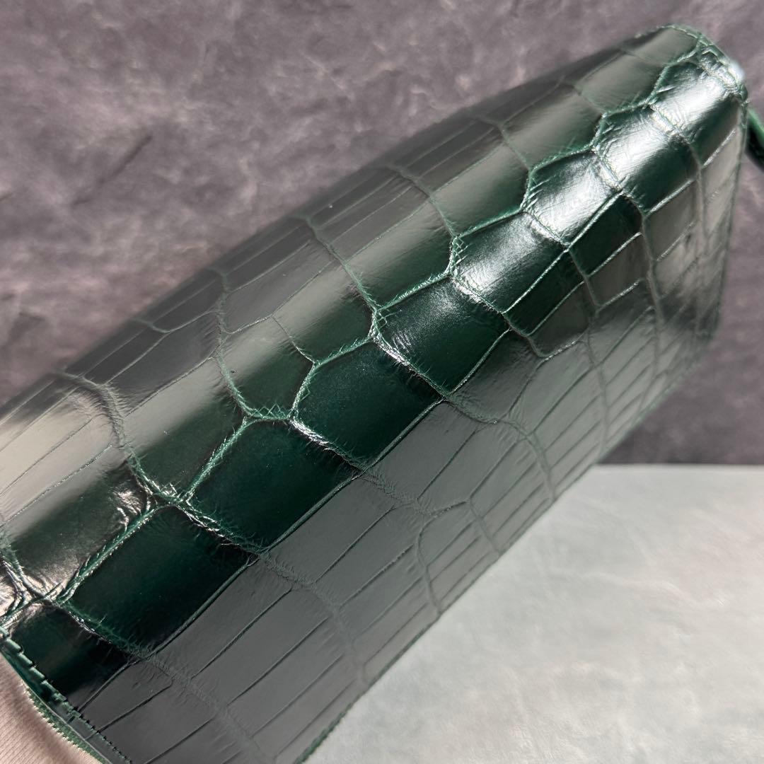 クロコダイル 長財布 ダークグリーン 緑 希少 マット仕上げ シルバーファスナー