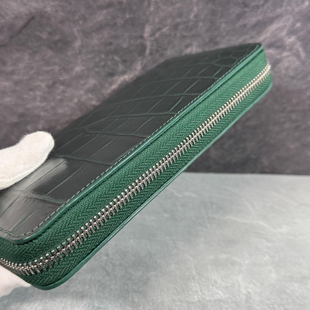 クロコダイル 長財布 ダークグリーン 緑 希少 マット仕上げ シルバーファスナー