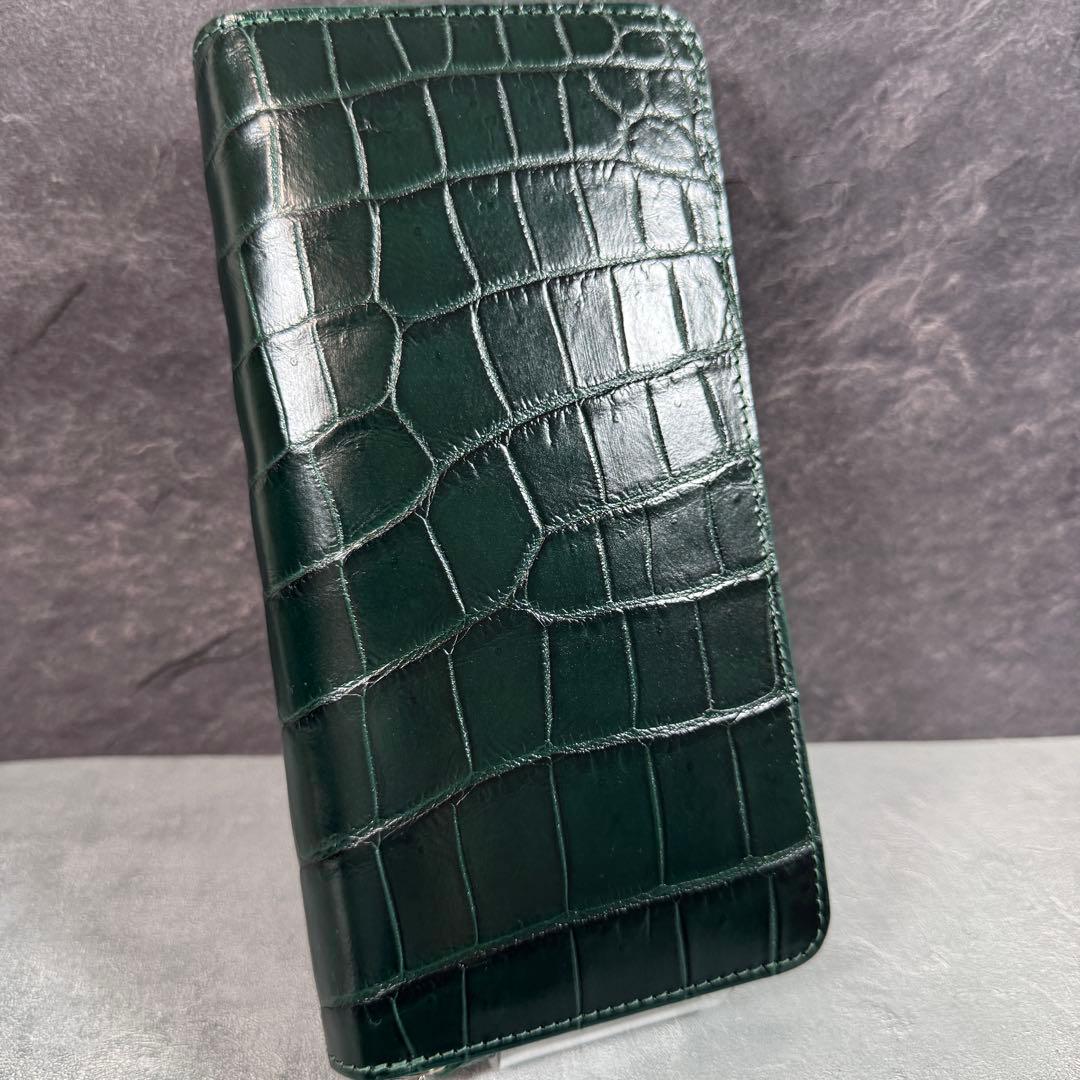 クロコダイル 長財布 ダークグリーン 緑 希少 マット仕上げ シルバーファスナー