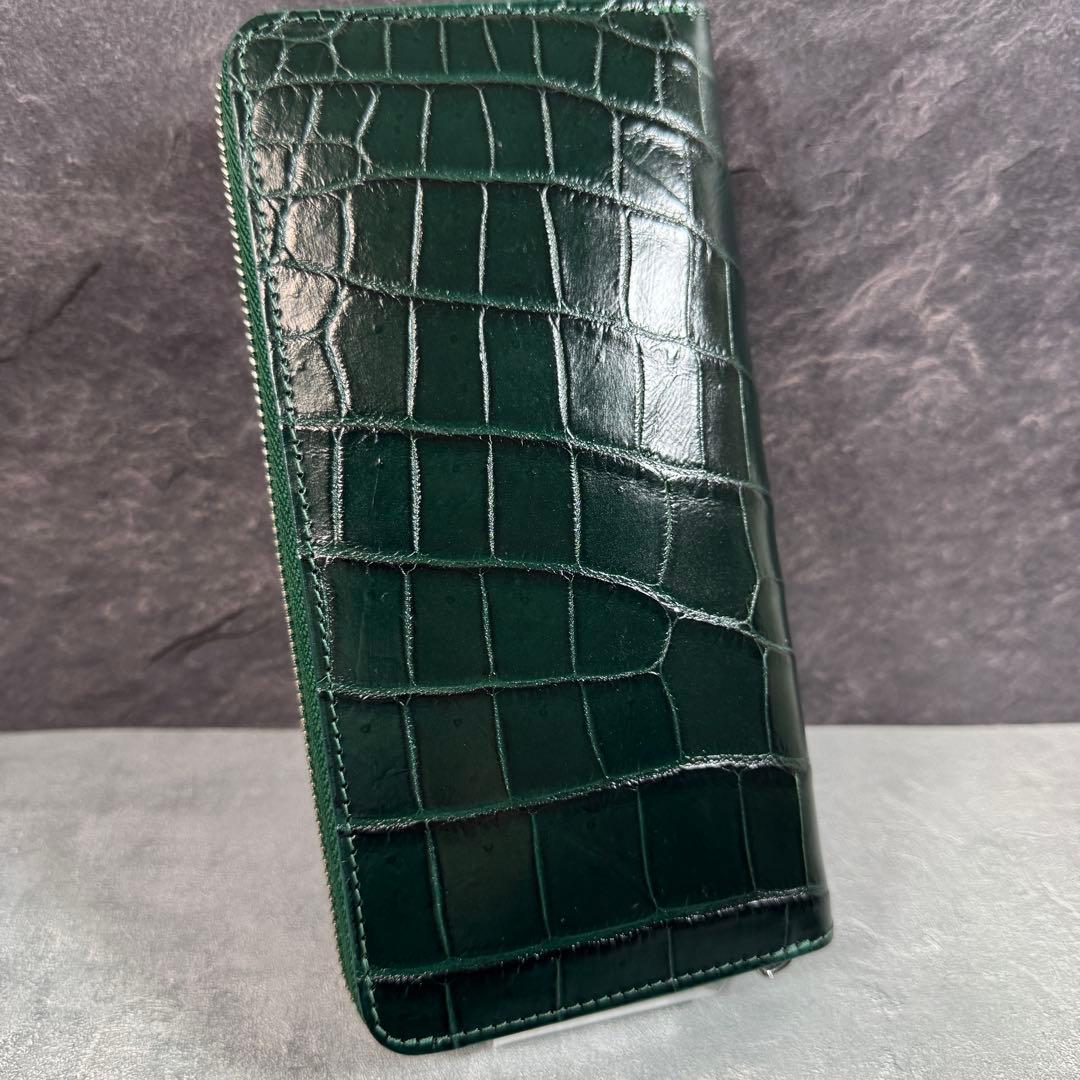 クロコダイル 長財布 ダークグリーン 緑 希少 マット仕上げ シルバーファスナー