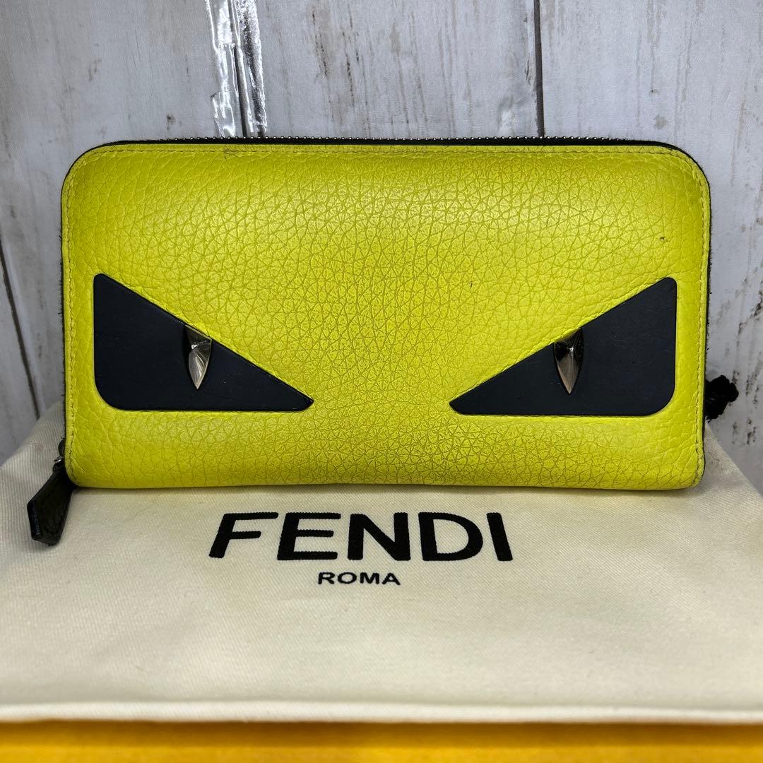 FENDI モンスター バグズ　ラウンドファスナー 長財布 財布　レザー　黄色