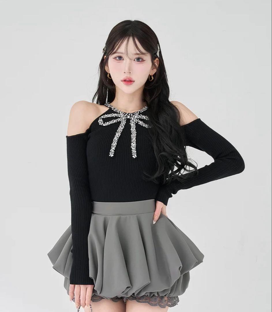 Darich ダーリッチ　リボンビジューアメスリニットトップス　ブラック　BLK