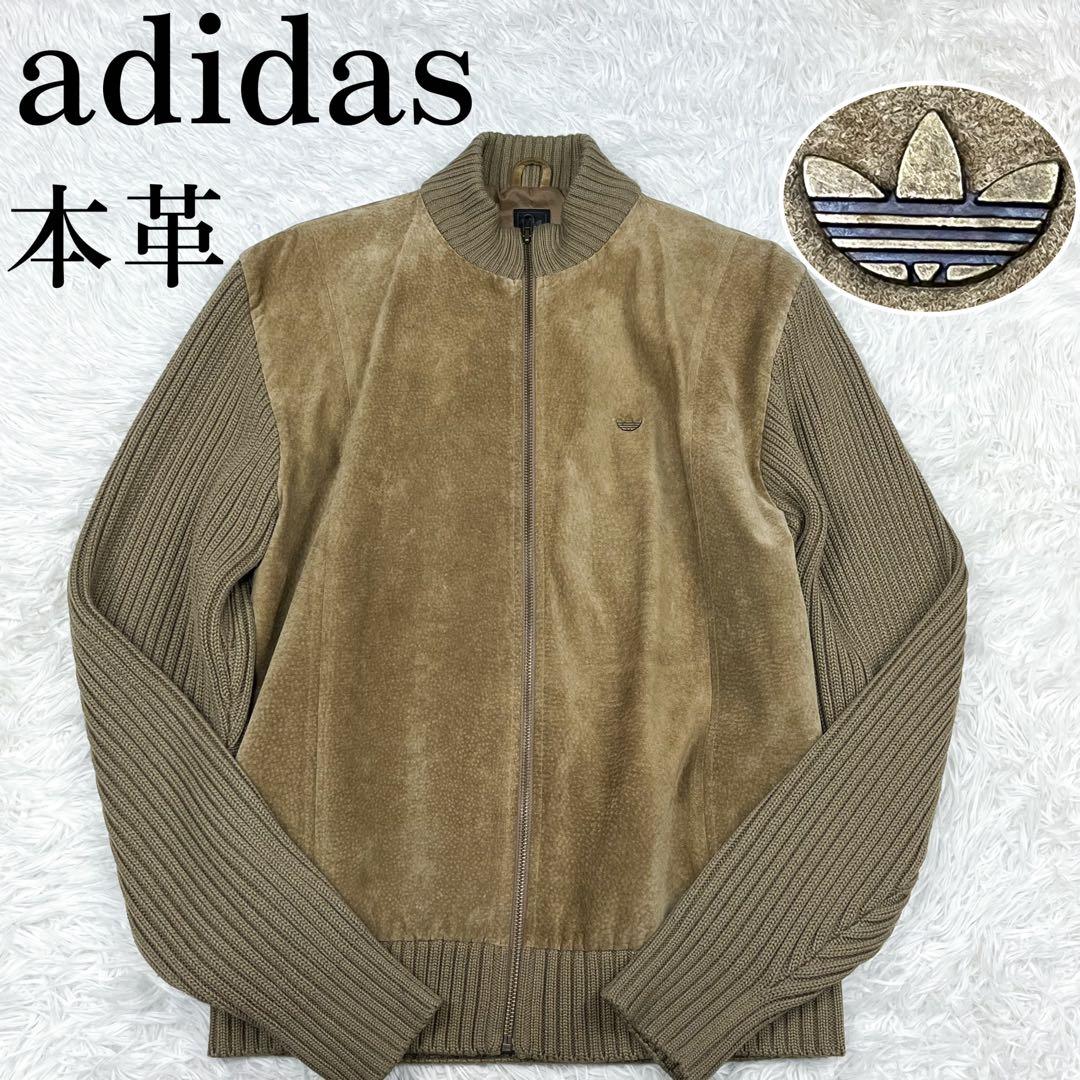 超希少 美品 アディダス レザー ニット 切替 ジャケット メタルロゴ 00s