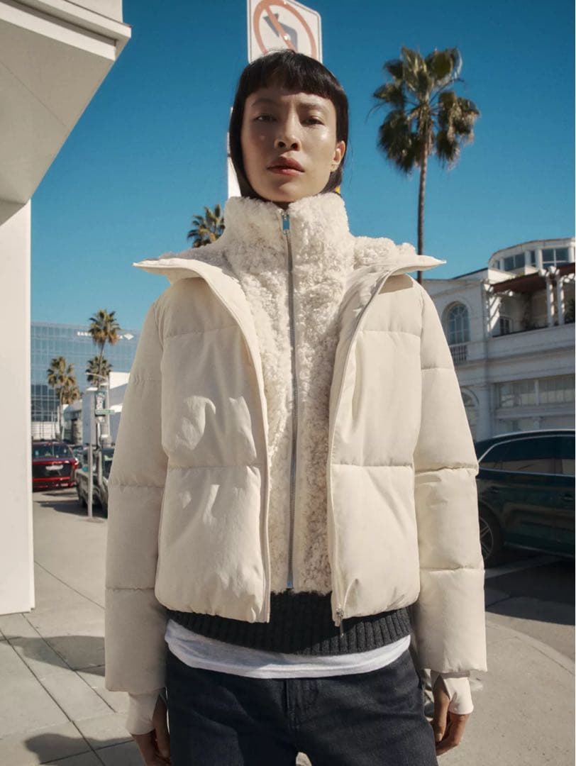 【ZARA】ザラ L フェイクシープスキンフード付き撥水ウィンドブレーカー 白