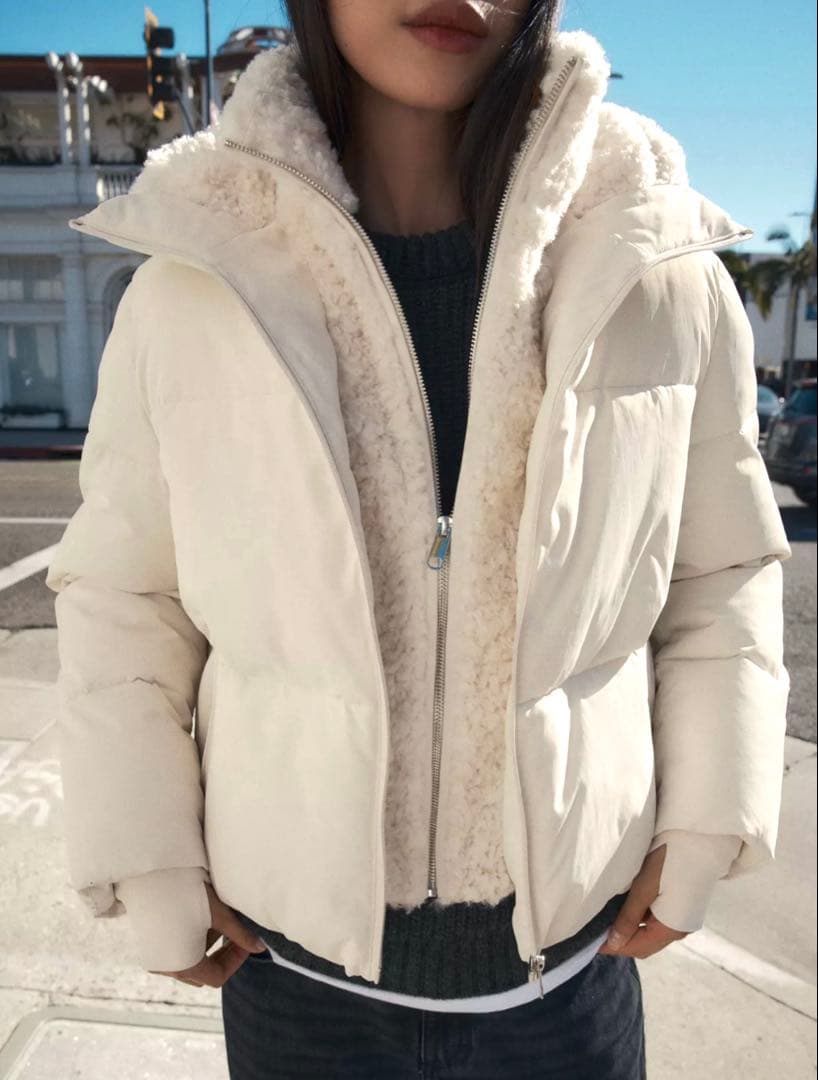 【ZARA】ザラ L フェイクシープスキンフード付き撥水ウィンドブレーカー 白