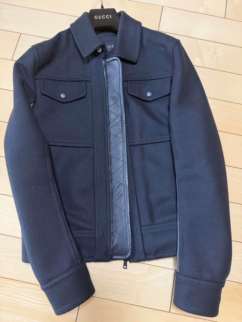 グッチ GUCCI メルトン ウール 袖レザー 切替 ミリタリー ジャケット