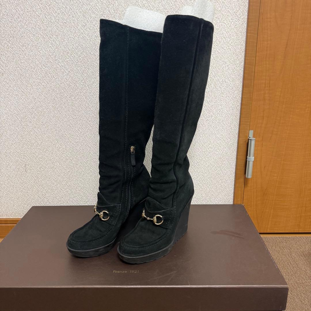 レア✨️ GUCCI ブラック スエード ロングブーツ ウェッジヒール 箱付き