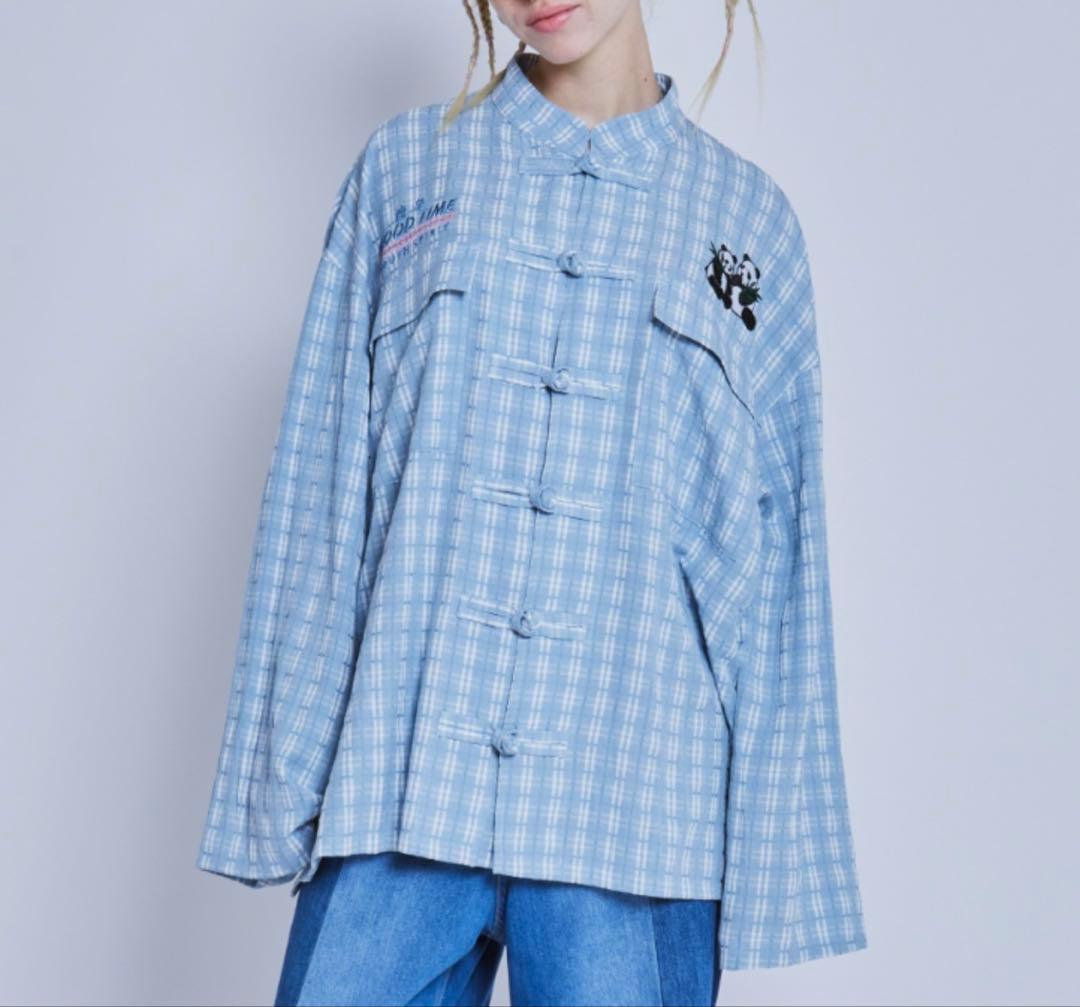 水色チェック GOOD TIME CHINA JACKET チャイナ服 パンダ