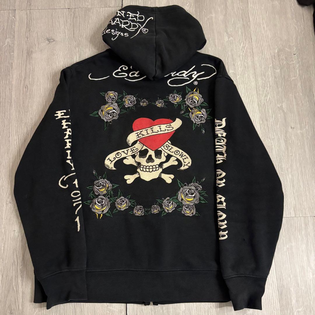 ed hardy ジップパーカー 十字架 スカル 刺繍