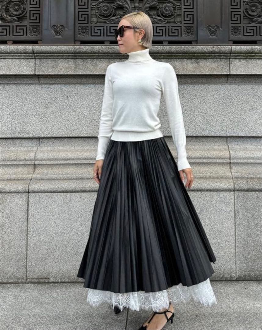 JENNE ジェンヌ 合皮プリーツスカート ブラック レース ロング Lサイズ