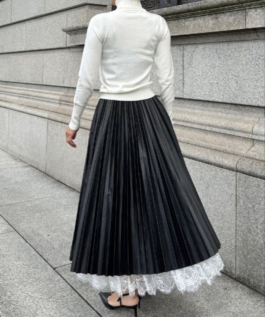 JENNE ジェンヌ 合皮プリーツスカート ブラック レース ロング Lサイズ