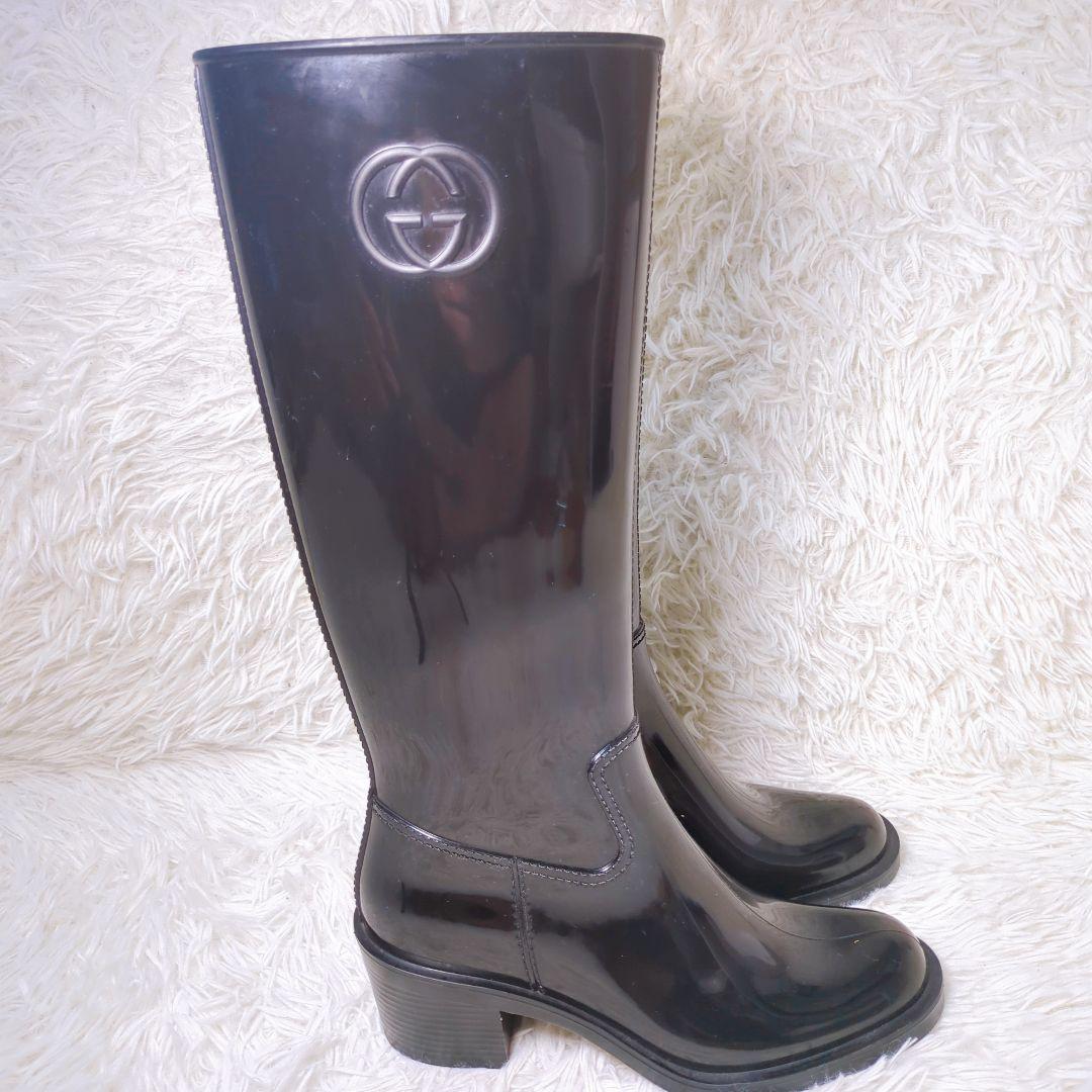 グッチ GUCCI レインブーツ 長靴 ブラック チャンキーヒール サイズ 37