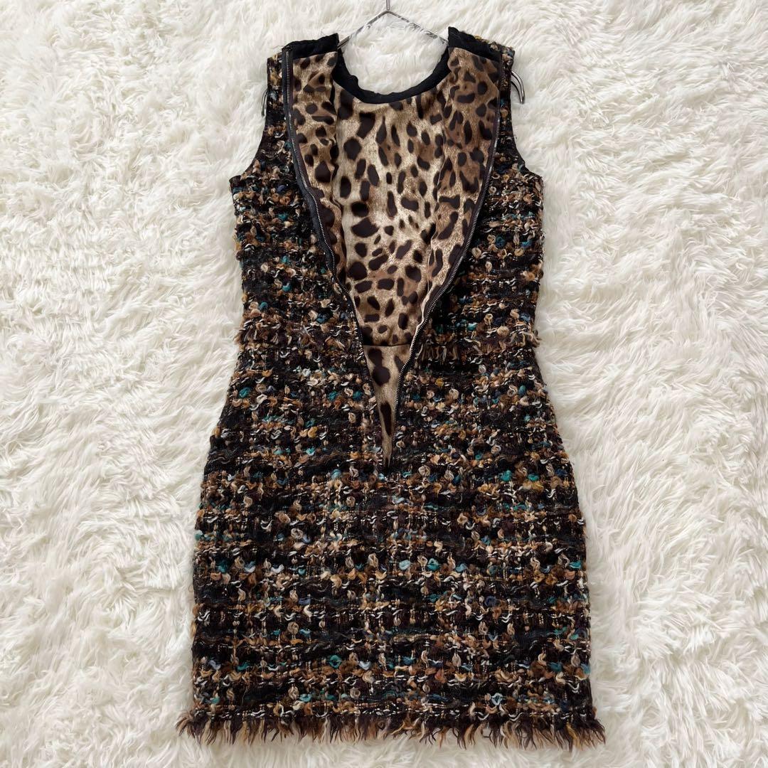 【ドルチェ&ガッバーナ】 ツイードワンピース タ裏地レオパード柄 38