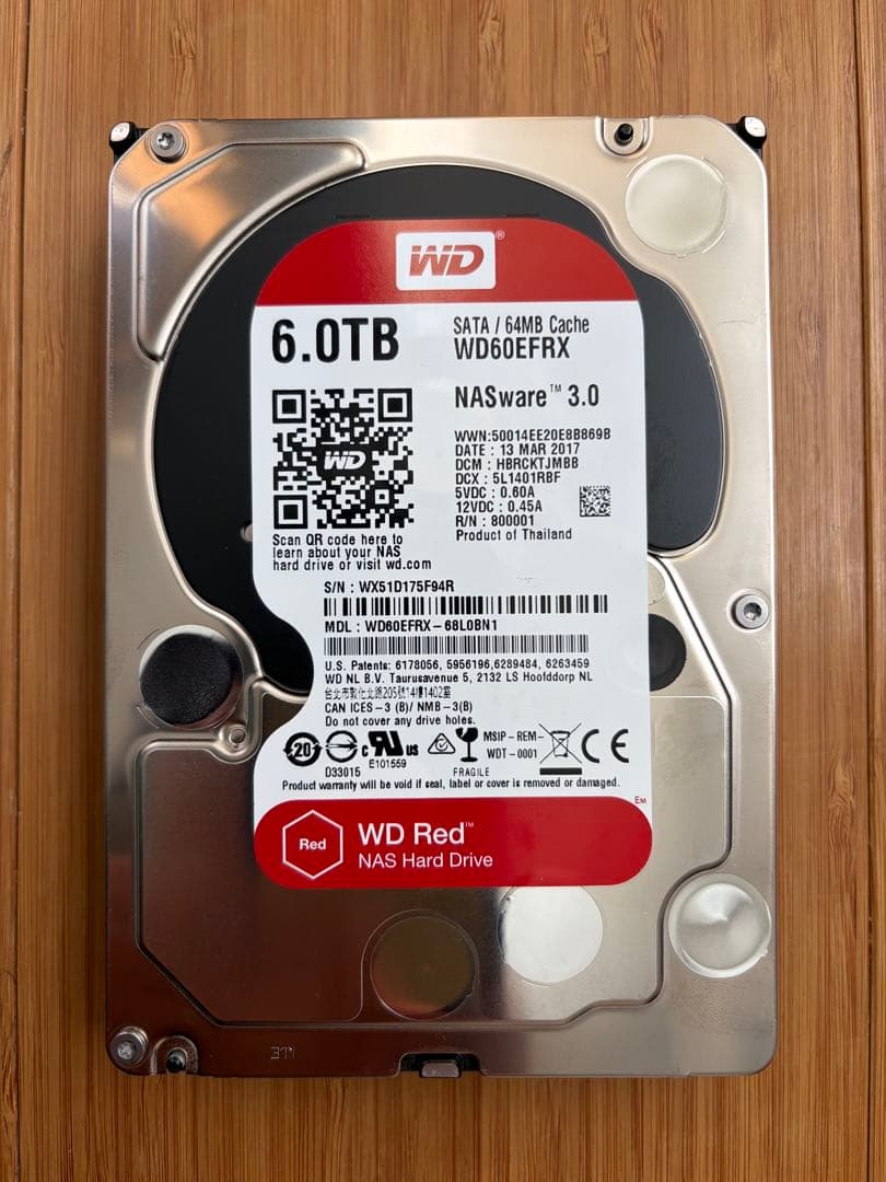 WD Red 6TB 使用時間52834時間 電源投入回数60回