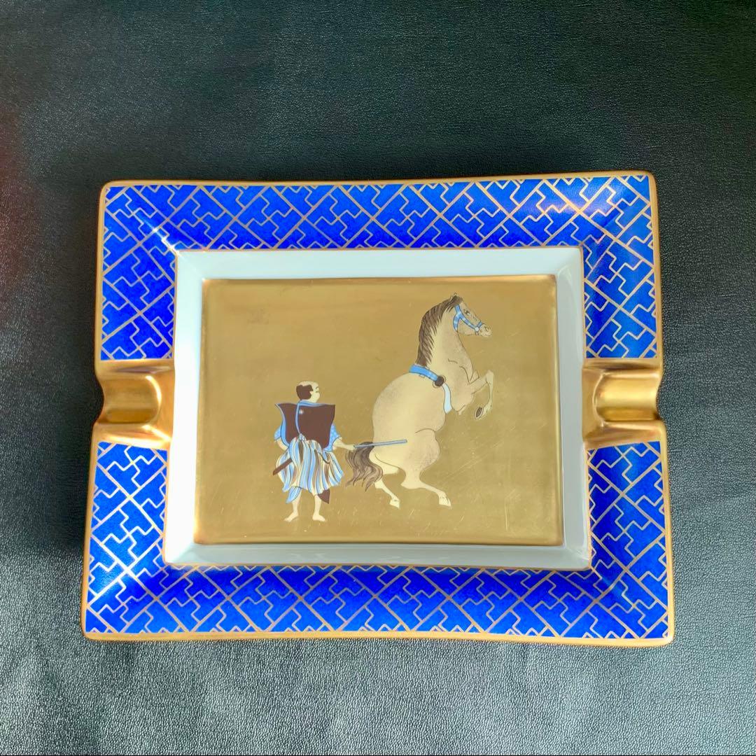 エルメスHERMES灰皿3H手描き 飾り皿 和柄 武士 馬 金彩 陶器小物入れ