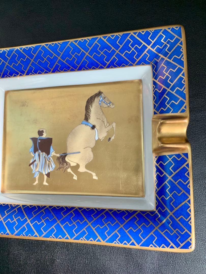 エルメスHERMES灰皿3H手描き 飾り皿 和柄 武士 馬 金彩 陶器小物入れ
