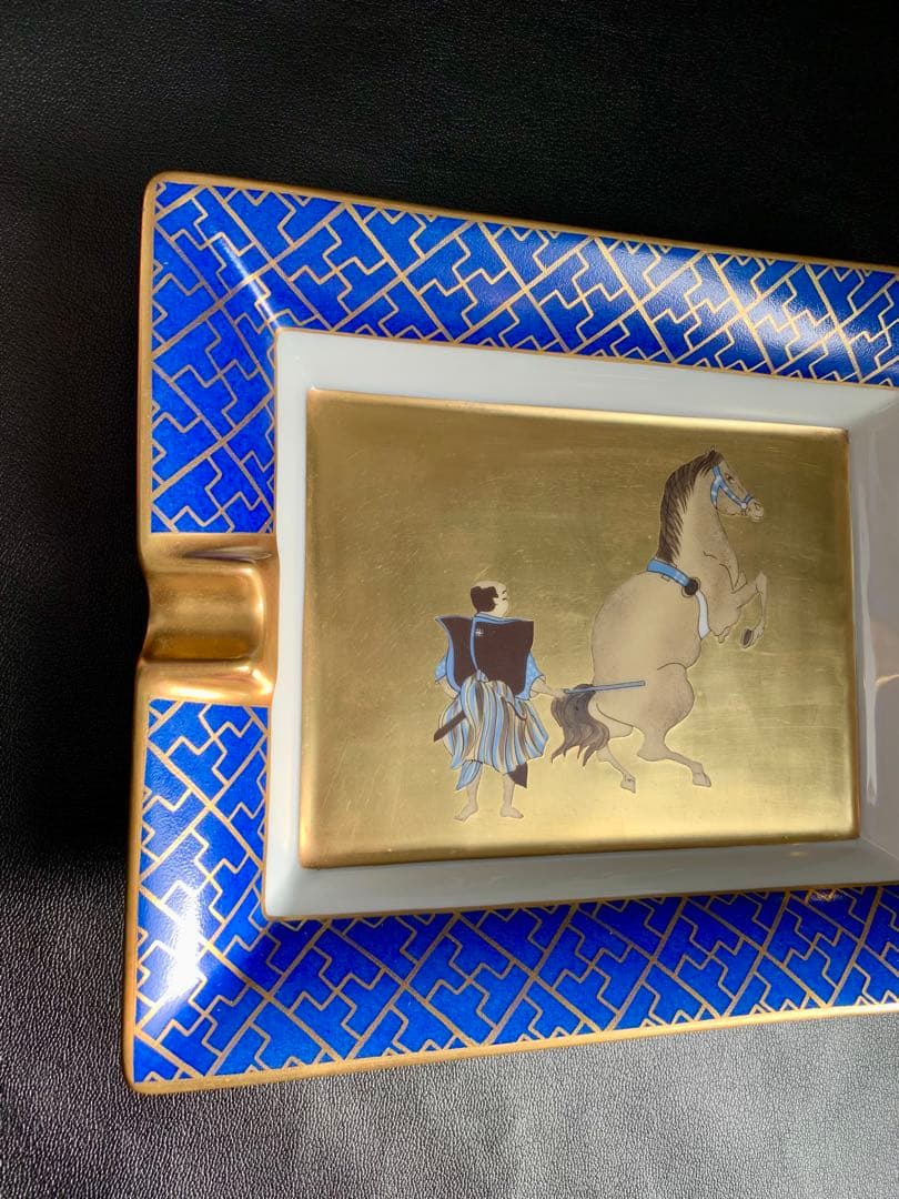 エルメスHERMES灰皿3H手描き 飾り皿 和柄 武士 馬 金彩 陶器小物入れ
