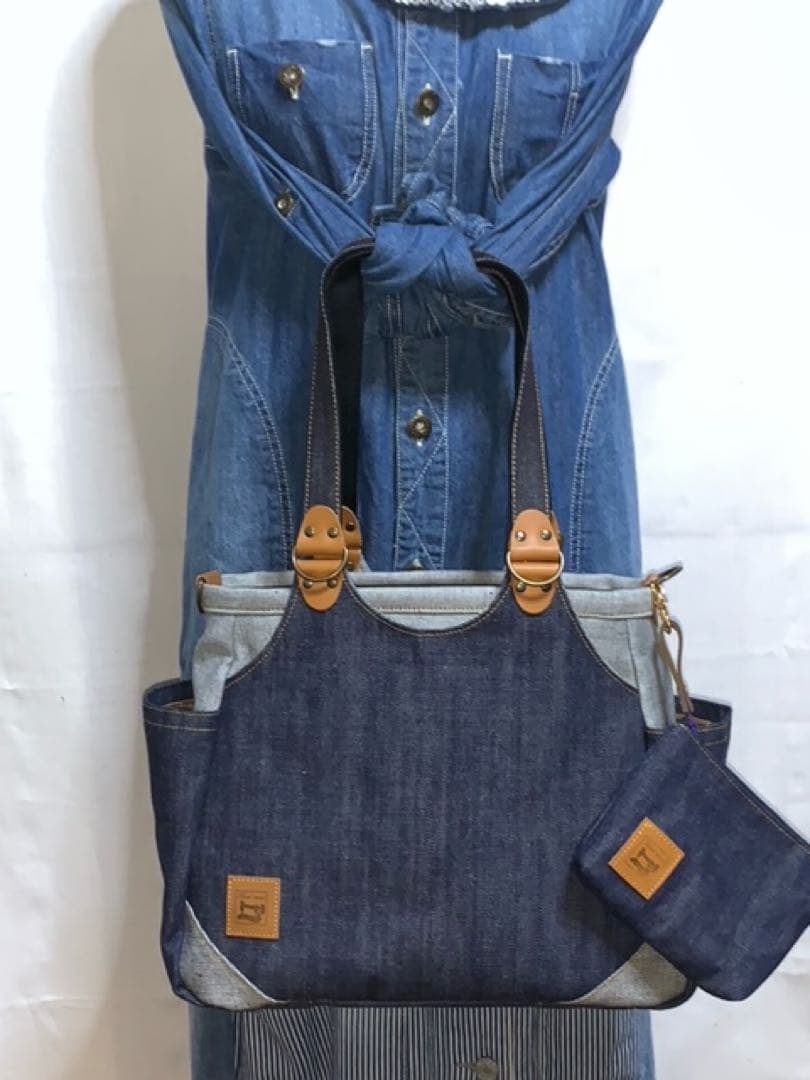 ☆ハンドメイド♪ ＊Mサイズ☆岡山デニム4way♪あおりバッグ☆ポーチ付き
