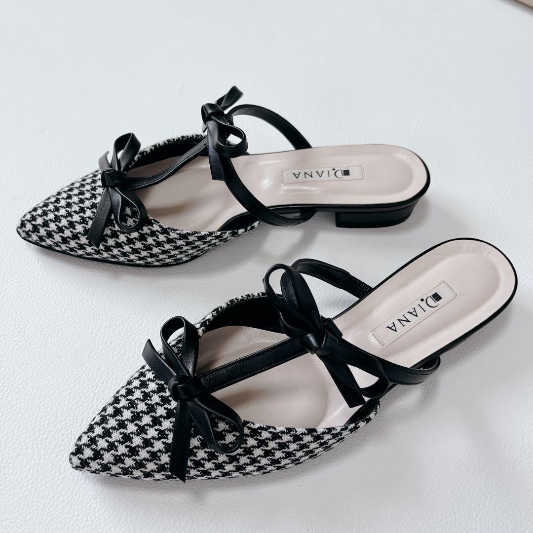 未使用級✨DIANA 千鳥柄　Tストラップ　ミュール プチリボン　ローヒール