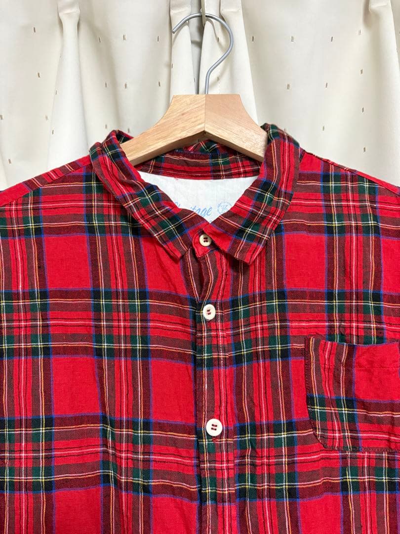 快晴堂 リネンタータンチェックバンドスリーブ半袖シャツ サイズ2 カラー レッド